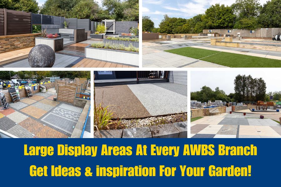Images of the paving and landscaping product display areas at AWBS branches in Oxford and Swindon